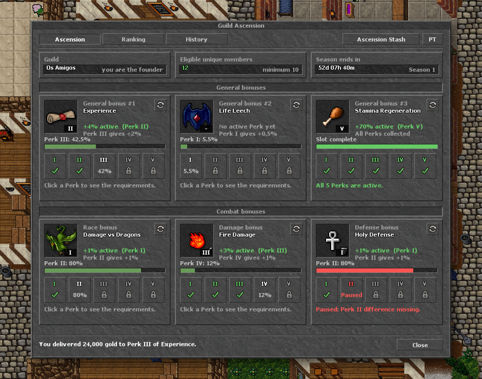The Ascension window: guild, eligible members, the Season clock and the six bonus cards.